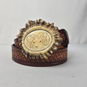 Vintage Carved Antler Big Horn Sheep Western Belt Size 36